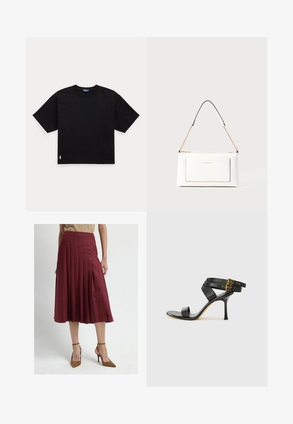 T-shirt en coton noir à manches courtes, col rond, avec un petit logo blanc en bas à gauche. Coupe classique, ample, avec un minimum de détails.; Jupe midi plissée bordeaux à taille haute, avec une texture lisse et une forme fluide, associée à des chaussures à talon haut marron.; Sandale à talons noirs avec des straps croisés et une boucle ajustable. Elle présente une texture lisse et un talon aiguille effilé.; Sac à main en cuir blanc avec un fini texturé, doté d'une bandoulière en chaîne dorée et d'accents noirs. Comprend une poche avant et une fermeture éclair.