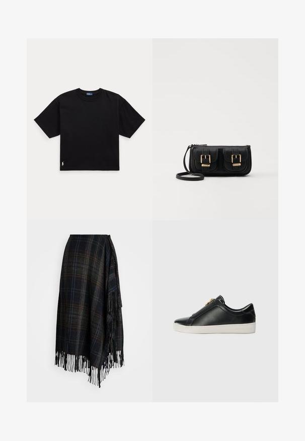 Svart bomullströja med korta ärmar, rund hals och en liten vit logotyp i nederkant till vänster. Klassisk, boxig passform med minimal detaljering.; Ullinivan skirt i mörk rutigt mönster med fransad nederkant. Innehåller nyanser av svart, grönt och blått, med en knytning på sidan.; Svarta läderskor utan snörning med en upphöjd söm, silverdetaljer på ovandelen och en vit gummisula med präglad logotyp.; Svart läderaxelväska med två framfickor, guldspännen, dragkedjestängning och en smal rem. Texturerad yta och kompakt rektangulär form.