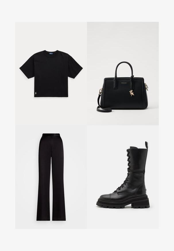 Černé bavlněné tričko s krátkým rukávem, kulatým výstřihem a malým bílým logem v dolním levém rohu. Klasický, boxy střih s minimálním detailem.; Černé rozšířené kalhoty vyrobené z hladké látky, se zvýšeným pasem a dlouhým střihem. Bez viditelných vzorů nebo akcentů.; Zadig & Voltaire RIDE SEMY SHINY - Kozačky na platformě - noir; Černá kožená kabelka se strukturovaným designem, dvojitými horními uchy, odnímatelným ramenním popruhem, zlatými doplňky a akcentem ve formě logového charm.