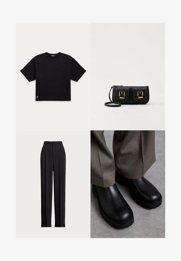 Schwarzes Baumwoll-T-Shirt mit kurzen Ärmeln, Rundhalsausschnitt und kleinem weißen Logo unten links. Klassische, kastige Passform mit minimaler Detailgestaltung.; Schwarze, taillierte Hose mit hoher Taille, mit Falten vorne, geradem Bein-Design und umgeschlagenem Saum. Aus glattem Stoff gefertigt.; Schwarze Leder-Ankle-Boots mit einer klobigen Gummisohle, glatter Textur, runder Zehenform und minimalen Details. Kombiniert mit hellgrauen Hosen.; Schwarze Leder-Umhängetasche mit zwei vorderen Taschen, goldenen Schnallen, Reißverschluss und einem schmalen Tragegurt. Texturierte Oberfläche und kompakte rechteckige Form.