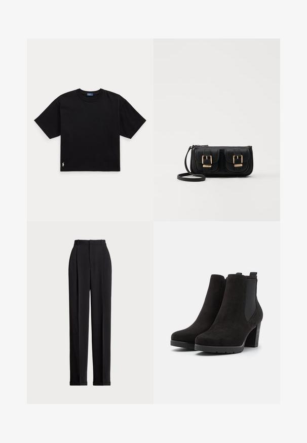 Črna bombažna majica s kratkimi rokavi, okroglo ovratnikom in majhnim belim logotipom na spodnjem levem delu. Klasična, kvadratna oblika z minimalnimi detajli.; Črne krojene hlače z visokim pasom, z naborki spredaj, ravnim krojem in manšetami na koncu. Narejene iz gladkega materiala.; Črne semiš gležnjarje z elastičnimi stranskimi paneli, zaobljenim nosom in debelim peto. Tekstura površine z gladkimi dodatki na peti.; Črna usnjena torbica čez ramo z dvema sprednjima žepoma, zlatimi zaponkami, zadrgo in ozkim pasom. Tekstura površine je strukturirana, obliko pa ima kompaktno pravokotno.