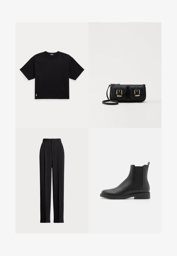 Maglietta nera in cotone a maniche corte, colletto rotondo e un piccolo logo bianco in basso a sinistra. Fit classico e boxy con dettagli minimi.; Pantaloni neri su misura a vita alta, con pieghe frontali, design a gamba dritta e orlo con risvolto. Realizzati in tessuto morbido.; Stivale alla caviglia in pelle nera con pannelli laterali elasticizzati, punta arrotondata, tacco basso a blocco e un laccio sul retro per una facile calzata.; Borsa a tracolla nera in pelle con due tasche frontali, fibbie dorate, chiusura con zip e una tracolla sottile. Superficie texturizzata e forma rettangolare compatta.