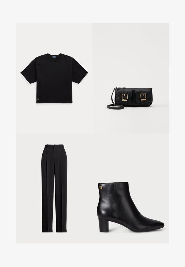 Czarny bawełniany t-shirt z krótkim rękawem, okrągłym dekoltem i małym białym logo w lewym dolnym rogu. Klasyczny, prostokątny krój z minimalnymi detalami.; Czarne dopasowane spodnie z wysokim stanem, z kantami z przodu, prostą nogawką i mankietem na dole. Wykonane z gładkiego materiału.; Czarne skórzane botki za kostkę z odznaczającym się czubkiem i blokowym obcasem. Posiadają złoty detal z logo z tyłu. Gładka tekstura i elegancki design.; Czarna skórzana torba na ramię z dwoma przednimi kieszeniami, złotymi klamrami, zamkiem błyskawicznym i cienkim paskiem. Teksturowana powierzchnia i kompaktowy prostokątny kształt.
