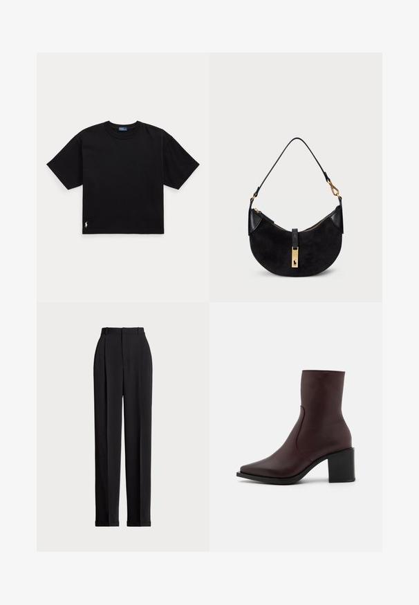 Black cotton t-shirt with short sleeves, round neck, and a small white logo on the bottom left. Classic, boxy fit with minimal detailing.; Black tailored trousers with a high waist, featuring pleats at the front, a straight leg design, and a cuffed hem. Made from smooth fabric.; Zign LEATHER - Classic ankle boots - bordeaux; Black handbag with a curved shape, made of suede and leather, featuring a gold-tone zipper and a logo detail. Includes a short handle.
