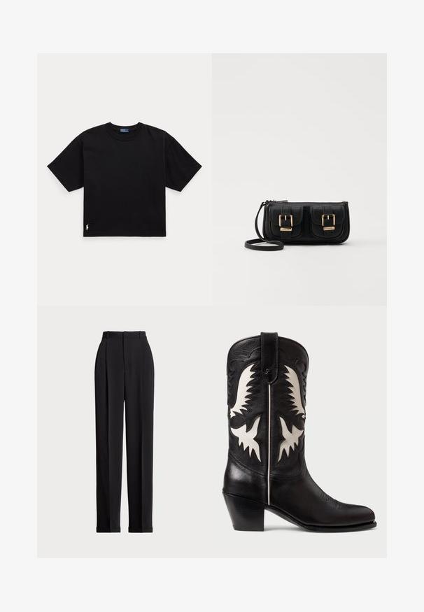 Tricou din bumbac negru, cu mâneci scurte, guler rotund și un mic logo alb în colțul din stânga jos. Croială clasică, pătrată, cu detalii minime.; Pantaloni negri, croiți pe măsură, cu talie înaltă, cu plii în față, design cu picior drept și tiv manșetat. Confecționați dintr-un material neted.; Botine de cowboy din piele neagră, cu accente albe unghiulare, având cusături decorative, vârf ascuțit și toc mic, înălțat.; Geantă neagră din piele, tip crossbody, cu două buzunare frontale, catarame aurii, închidere cu fermoar și o curea subțire. Suprafață texturată și formă rectangulară compactă.