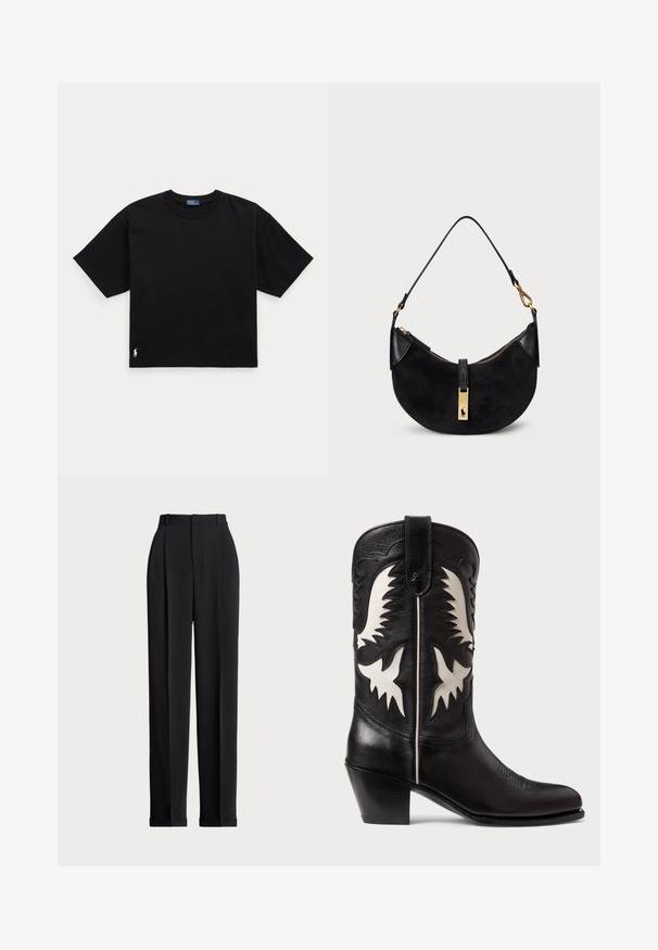 Čierne bavlnené tričko s krátkymi rukávmi, okrúhlym výstrihom a malým bielym logom v dolnom ľavom rohu. Klasický, voľný strih s minimalistickým designom.; Čierne prispôsobené nohavice s vysokým pásom, prednými záhybmi, rovnými nohavicami a manžetami na leme. Vyrobené z hladkej tkaniny.; Čierne kožené kovbojské topánky s bielymi ostrými akcentmi, zdobené vyšívaním, so špicatou špičkou a nízkym nasadeným podpätkom.; Čierna kabelka s zakriveným tvarom, vyrobená z semišu a kože, s pozláteným zipsom a detailom loga. Obsahuje krátku rukoväť.