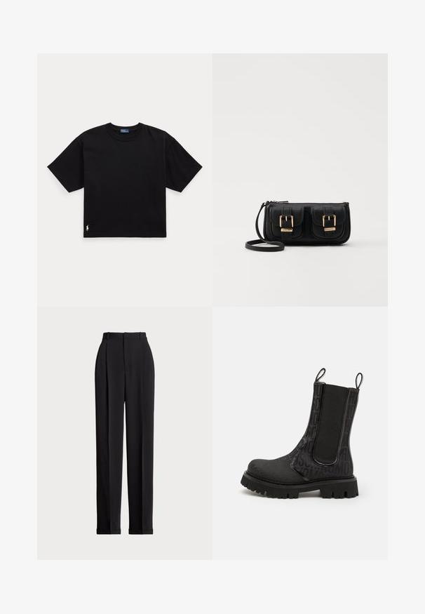 Black cotton t-shirt with short sleeves, round neck, and a small white logo on the bottom left. Classic, boxy fit with minimal detailing.; Black tailored trousers with a high waist, featuring pleats at the front, a straight leg design, and a cuffed hem. Made from smooth fabric.; Black ankle boot featuring a textured upper with embossed lettering, elastic side panels, and a chunky rubber sole with a rugged tread.; Black leather crossbody bag with two front pockets, gold buckles, zipper closure, and a slim strap. Textured surface and compact rectangular shape.