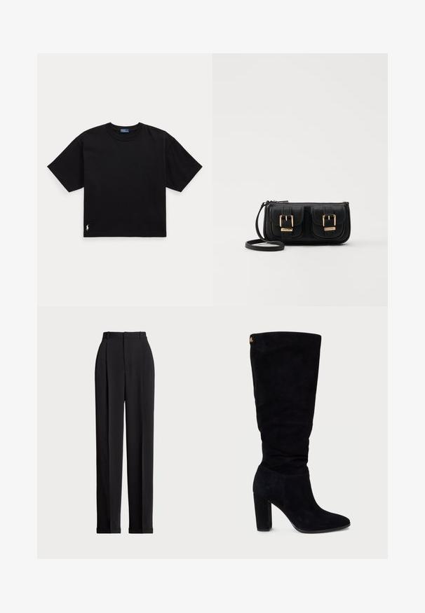 Black cotton t-shirt with short sleeves, round neck, and a small white logo on the bottom left. Classic, boxy fit with minimal detailing.; Black tailored trousers with a high waist, featuring pleats at the front, a straight leg design, and a cuffed hem. Made from smooth fabric.; Black suede knee-high boot with a chunky heel, pointed toe, and gathered texture at the top. Features a gold accent on the side.; Black leather crossbody bag with two front pockets, gold buckles, zipper closure, and a slim strap. Textured surface and compact rectangular shape.