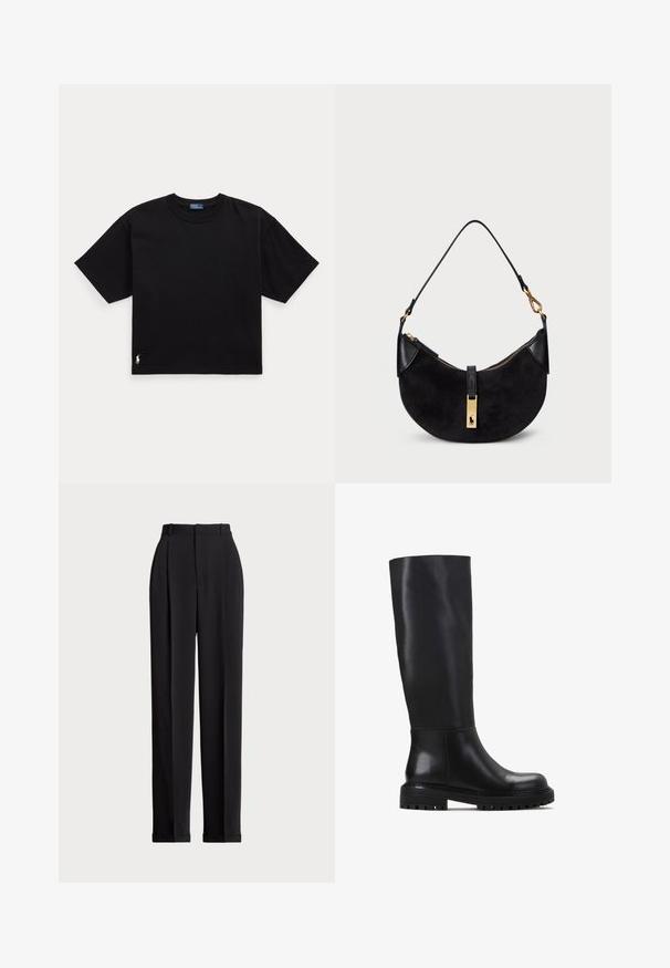 Schwarzes Baumwoll-T-Shirt mit kurzen Ärmeln, Rundhalsausschnitt und kleinem weißen Logo unten links. Klassische, kastige Passform mit minimaler Detailgestaltung.; Schwarze, taillierte Hose mit hoher Taille, mit Falten vorne, geradem Bein-Design und umgeschlagenem Saum. Aus glattem Stoff gefertigt.; Schwarze knielange Stiefel aus glattem Leder. Verfügt über eine runde Zehenpartie, eine robuste Sohle mit Rillen und ein minimalistisches Design.; Schwarze Handtasche mit geschwungener Form, aus Wildleder und Leder gefertigt, mit einem Reißverschluss in Goldtönen und einem Logo-Detail. Enthält einen kurzen Griff.