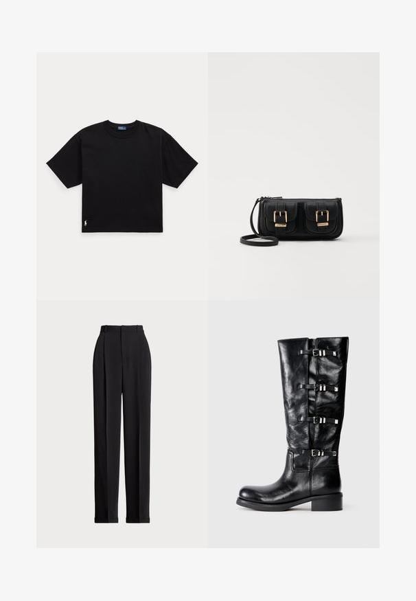 Black cotton t-shirt with short sleeves, round neck, and a small white logo on the bottom left. Classic, boxy fit with minimal detailing.; Black tailored trousers with a high waist, featuring pleats at the front, a straight leg design, and a cuffed hem. Made from smooth fabric.; Black leather knee-high boot with a rounded toe, featuring three strap accents with metal buckles and a low block heel. Smooth texture.; Black leather crossbody bag with two front pockets, gold buckles, zipper closure, and a slim strap. Textured surface and compact rectangular shape.