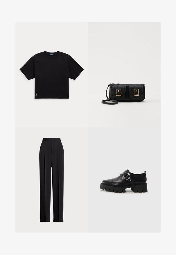 Zwarte katoenen T-shirt met korte mouwen, ronde hals en een klein wit logo op de linker benedenkant. Klassieke, rechte pasvorm met minimale details.; Zwarte op maat gemaakte broek met een hoge taille, voorzien van plooien aan de voorkant, een recht gesneden ontwerp en een omslagrand. Gemaakt van een soepele stof.; Zwarte leren schoenen met een robuuste, geribbelde zool, voorzien van een ronde zilveren hardwareaccent en minimale stikdetails.; Zwarte leren schoudertas met twee vo pockets, gouden gespen, ritsluiting en een smalle band. Tekstuur oppervlak en compacte rechthoekige vorm.