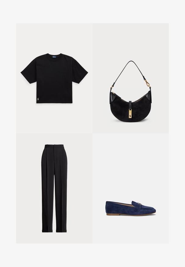 Fekete pamut póló rövid ujjal, kerek nyakkal és egy kis fehér logóval az alsó bal oldalon. Klasszikus, dobozos szabás minimális részletezéssel.; Fekete, testre szabott nadrág magas derékkal, elöl redőkkel, egyenes láblineáris kialakítással és halkézével. Sima anyagból készült.; Lauren Ralph Lauren AVERI III SUEDE LOAFER - Belebújós cipők - refined navy; Fekete kézi táska ívelt formában, velúrból és bőrből készült, aranyszínű cipzárral és logó részlettel rendelkezik. Rövid fogantyú található rajta.