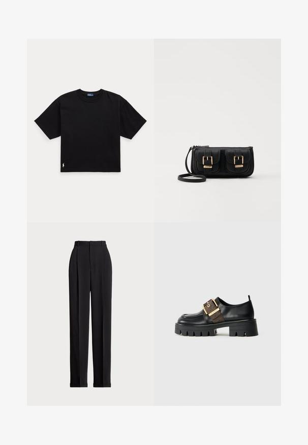 Black cotton t-shirt with short sleeves, round neck, and a small white logo on the bottom left. Classic, boxy fit with minimal detailing.; Black tailored trousers with a high waist, featuring pleats at the front, a straight leg design, and a cuffed hem. Made from smooth fabric.; Black leather shoe with a chunky sole, featuring a gold buckle strap and a textured brown accent. Rounded toe and minimalistic design.; Black leather crossbody bag with two front pockets, gold buckles, zipper closure, and a slim strap. Textured surface and compact rectangular shape.