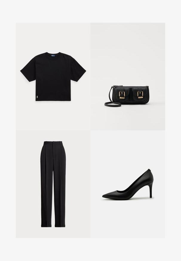Schwarzes Baumwoll-T-Shirt mit kurzen Ärmeln, Rundhalsausschnitt und kleinem weißen Logo unten links. Klassische, kastige Passform mit minimaler Detailgestaltung.; Schwarze, taillierte Hose mit hoher Taille, mit Falten vorne, geradem Bein-Design und umgeschlagenem Saum. Aus glattem Stoff gefertigt.; Schwarzer, hochhackiger Pumps aus glattem Leder, mit einer spitzen Zehenpartie und einem schlanken Stiletto-Absatz. Minimalistisches Design ohne sichtbare Verzierungen.; Schwarze Leder-Umhängetasche mit zwei vorderen Taschen, goldenen Schnallen, Reißverschluss und einem schmalen Tragegurt. Texturierte Oberfläche und kompakte rechteckige Form.