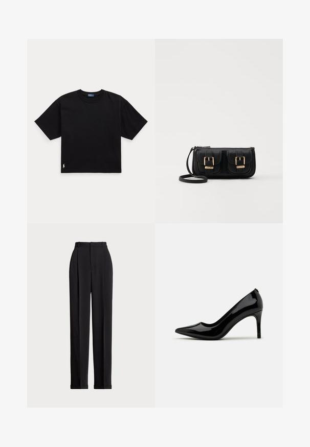 Black cotton t-shirt with short sleeves, round neck, and a small white logo on the bottom left. Classic, boxy fit with minimal detailing.; Black tailored trousers with a high waist, featuring pleats at the front, a straight leg design, and a cuffed hem. Made from smooth fabric.; Black patent leather high-heeled pump with a pointed toe and sleek silhouette, featuring a smooth texture and minimalistic design.; Black leather crossbody bag with two front pockets, gold buckles, zipper closure, and a slim strap. Textured surface and compact rectangular shape.