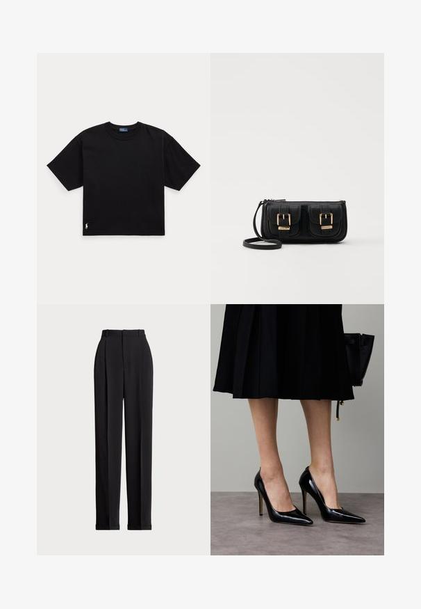 Black cotton t-shirt with short sleeves, round neck, and a small white logo on the bottom left. Classic, boxy fit with minimal detailing.; Black tailored trousers with a high waist, featuring pleats at the front, a straight leg design, and a cuffed hem. Made from smooth fabric.; Black patent leather high-heeled pumps with a pointed toe and low-cut vamp, featuring a sleek silhouette and shiny texture.; Black leather crossbody bag with two front pockets, gold buckles, zipper closure, and a slim strap. Textured surface and compact rectangular shape.