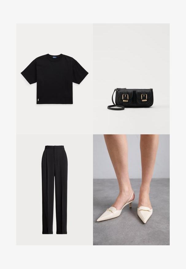 Black cotton t-shirt with short sleeves, round neck, and a small white logo on the bottom left. Classic, boxy fit with minimal detailing.; Black tailored trousers with a high waist, featuring pleats at the front, a straight leg design, and a cuffed hem. Made from smooth fabric.; Cream-colored, pointed-toe slingback heels with a slim mid-heel, featuring a gold chain accent on the vamp and smooth leather texture.; Black leather crossbody bag with two front pockets, gold buckles, zipper closure, and a slim strap. Textured surface and compact rectangular shape.