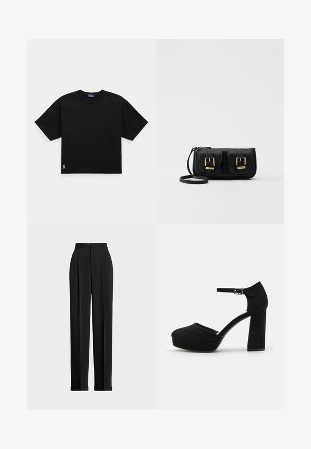 Fekete pamut póló rövid ujjal, kerek nyakkal és egy kis fehér logóval az alsó bal oldalon. Klasszikus, dobozos szabás minimális részletezéssel.; Fekete, testre szabott nadrág magas derékkal, elöl redőkkel, egyenes láblineáris kialakítással és halkézével. Sima anyagból készült.; Fekete velúr platform sarkú cipők vastag, blokksarkúval, lekerekített orral és fémcsattal rögzített bokapánttal. Simább textúrájú egész terjedelemben.; Fekete bőr keresztbody táska két elülső zsebbel, arany csattokkal, cipzáras záródással és vékony pánttal. Textúrált felület és kompakt téglalap alak.
