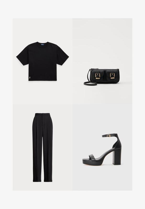 Black cotton t-shirt with short sleeves, round neck, and a small white logo on the bottom left. Classic, boxy fit with minimal detailing.; Black tailored trousers with a high waist, featuring pleats at the front, a straight leg design, and a cuffed hem. Made from smooth fabric.; Black platform sandals with a thick block heel, smooth leather material, open toe design, and an ankle strap featuring a gold buckle accent.; Black leather crossbody bag with two front pockets, gold buckles, zipper closure, and a slim strap. Textured surface and compact rectangular shape.