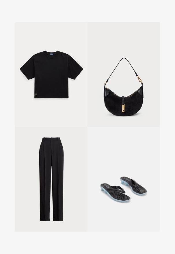 Sort bomulds T-shirt med korte ærmer, rund hals og et lille hvidt logo i nederste venstre hjørne. Klassisk, boxy pasform med minimal detaljering.; Sorte skrædderbukser med høj talje, der har folder fortil, en lige benlængde og ombukket kant. Lavet af glat stof.; Sorte og blå Puma slide sandaler med lave blokhæle og toe straps på en hvid baggrund.; Sort håndtaske med en kurvet form, lavet af ruskind og læder, med en lynlås i guldfarve og logo-detalje. Inkluderer et kort håndtag.
