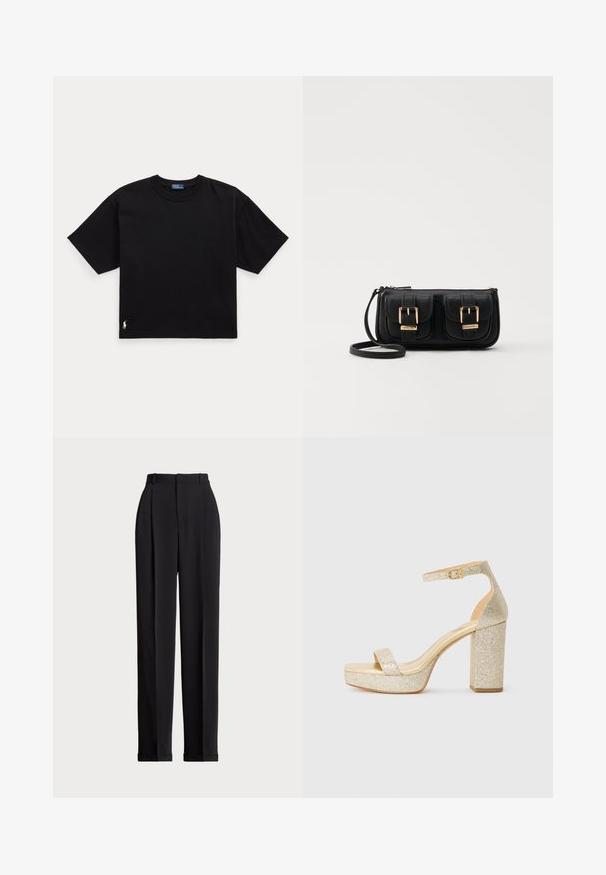Black cotton t-shirt with short sleeves, round neck, and a small white logo on the bottom left. Classic, boxy fit with minimal detailing.; Black tailored trousers with a high waist, featuring pleats at the front, a straight leg design, and a cuffed hem. Made from smooth fabric.; Gold glitter platform high heel sandal with ankle strap and buckle on white background.; Black leather crossbody bag with two front pockets, gold buckles, zipper closure, and a slim strap. Textured surface and compact rectangular shape.