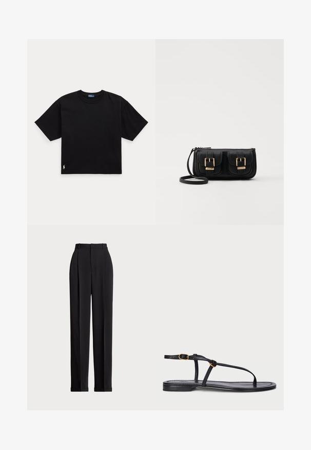 Juodas medvilnės marškinėliai trumpomis rankovėmis, apvaliu kaklu ir mažu baltu logotipu apatiniame kairiajame kampe. Klasikinis, dėžutės formos siluetas su minimaliu apdailos detalių skaičiumi.; Juodos pritaikytos kelnės su aukštu liemeniu, su klostėmis priekyje, tiesaus kirpimo ir užlenktais kraštais. Pagamintos iš lygaus audinio.; Juodi plokšti sandalai su minimalistiniu dizainu. Pasižymi plonomis dirželiais, pirštų įdėklu, auksiniais detalėmis ir lygiu, tekstūruotu padu.; Juodas odinis per petį nešiojamas krepšys su dviem priekiniais kišenėmis, auksiniais sagtimis, užtrauktuko uždarymu ir siauromis petnešomis. Textūruota paviršius ir kompaktiškas stačiakampis formatas.
