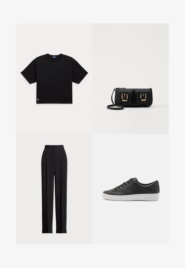 Crna pamučna majica s kratkim rukavima, okruglim izrezom i malim bijelim logom na donjem lijevom dijelu. Klasičan, širok kroj s minimalnim detaljima.; Crne krojene hlače s visokim strukom, s naborima sprijeda, ravnim krojem i običnim rubom. Izrađene od glatkog materijala.; Crne kožne tenisice s bijelim gumenenim potplatom, okruglim vrhom, vezivanjem sprijeda i zlatnim metalnim detaljima na peti. Teksturirana površina s detaljima šivanja.; Crna kožna torba preko ramena s dva prednja džepa, zlatnim kopčama, zatvaranjem na zip i uskim remenom. Teksturirana površina i kompaktan pravokutan oblik.