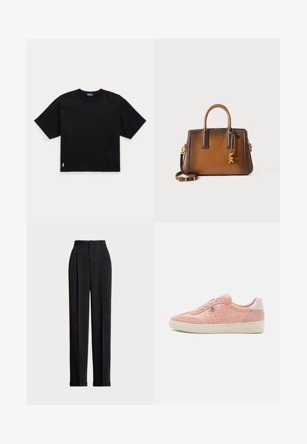 Camiseta de algodón negra con mangas cortas, cuello redondo y un pequeño logo blanco en la parte inferior izquierda. Ajuste clásico y cuadrado con mínimos detalles.; Pantalones negros a medida con una cintura alta, que cuentan con pliegues en la parte delantera, un diseño de pierna recta y dobladillo con vuelta. Fabricados con un tejido suave.; Zapatillas de ante rosa con un acabado suave, detalles perforados, suela color crema y un pequeño logo. Diseño tradicional con cordones.; Bolso de mano de cuero marrón con asas superiores dobles, una correa de hombro desprendible, herrajes dorados y un charm decorativo con las letras "MK".