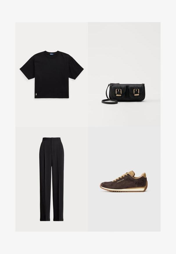 Fekete pamut póló rövid ujjal, kerek nyakkal és egy kis fehér logóval az alsó bal oldalon. Klasszikus, dobozos szabás minimális részletezéssel.; Fekete, testre szabott nadrág magas derékkal, elöl redőkkel, egyenes láblineáris kialakítással és halkézével. Sima anyagból készült.; Barna velúr sportcipő világosbarna bőr díszítéssel, kerek fűzőkkel, bézs gumi talppal, és a "Michael Kors" logóval a külső oldalon.; Fekete bőr keresztbody táska két elülső zsebbel, arany csattokkal, cipzáras záródással és vékony pánttal. Textúrált felület és kompakt téglalap alak.