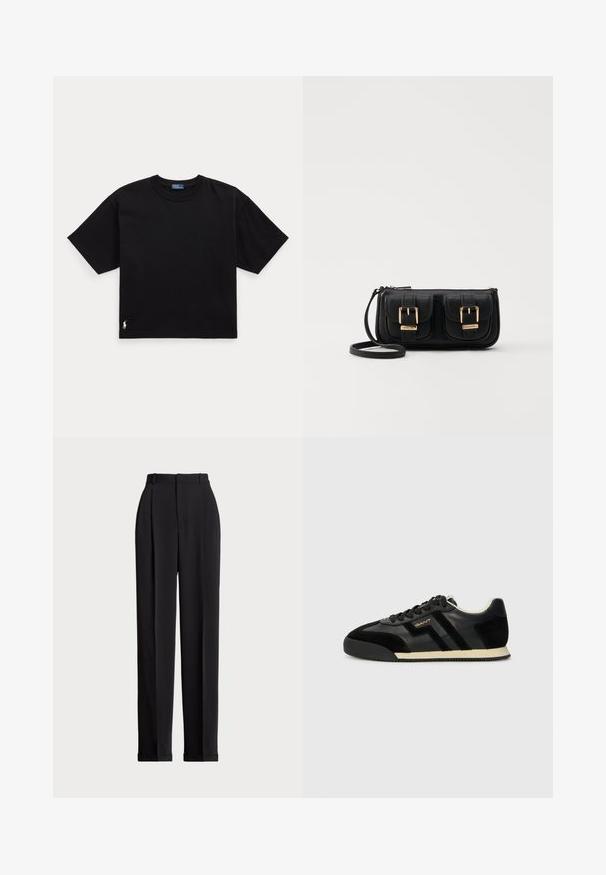 Black cotton t-shirt with short sleeves, round neck, and a small white logo on the bottom left. Classic, boxy fit with minimal detailing.; Black tailored trousers with a high waist, featuring pleats at the front, a straight leg design, and a cuffed hem. Made from smooth fabric.; GANT BEYLANA - Trainers - black; Black leather crossbody bag with two front pockets, gold buckles, zipper closure, and a slim strap. Textured surface and compact rectangular shape.