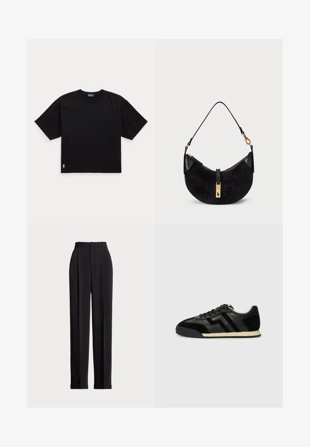 Črna bombažna majica s kratkimi rokavi, okroglo ovratnikom in majhnim belim logotipom na spodnjem levem delu. Klasična, kvadratna oblika z minimalnimi detajli.; Črne krojene hlače z visokim pasom, z naborki spredaj, ravnim krojem in manšetami na koncu. Narejene iz gladkega materiala.; GANT BEYLANA - Športni copati - black; Črna torbica s ukrivljeno obliko, narejena iz mikrosemiša in usnja, z zlatim zippom in detajlom logotipa. Vključuje kratko ročico.