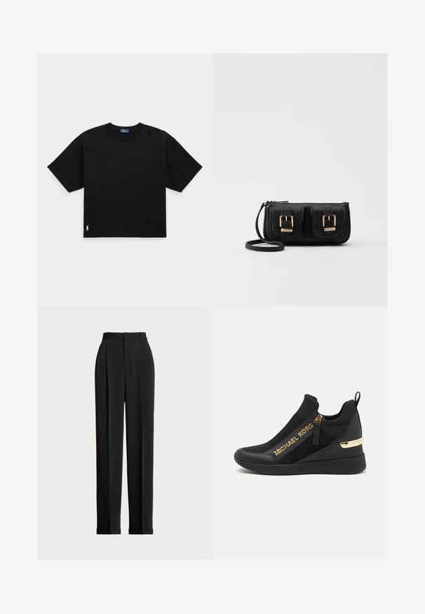 Black cotton t-shirt with short sleeves, round neck, and a small white logo on the bottom left. Classic, boxy fit with minimal detailing.; Black tailored trousers with a high waist, featuring pleats at the front, a straight leg design, and a cuffed hem. Made from smooth fabric.; Black athletic sneaker with mesh panels, gold logo detailing, slip-on design, and a wedge heel for added height. Rubber sole.; Black leather crossbody bag with two front pockets, gold buckles, zipper closure, and a slim strap. Textured surface and compact rectangular shape.