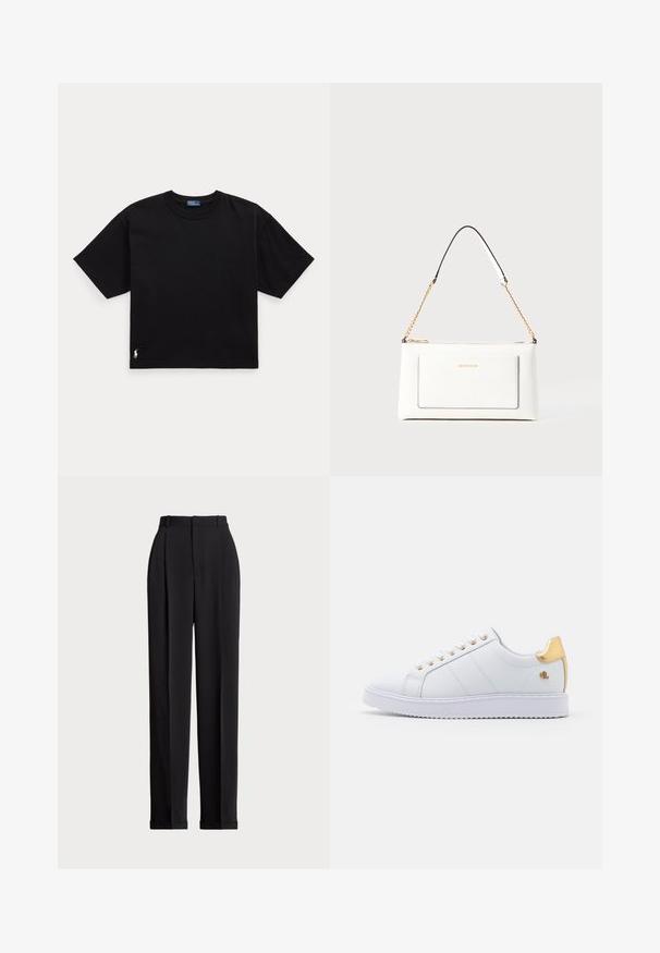 Camiseta preta de algodão com mangas curtas, decote redondo e um pequeno logótipo branco na parte inferior esquerda. Ajuste clássico e descontraído, com detalhes mínimos.; Calças pretas ajustadas com uma cintura alta, apresentando pregas na frente, um design de perna reta e bainha com punho. Feitas de tecido suave.; Lauren Ralph Lauren ANGELINE II METALLIC SNEAKER - Sapatilhas - white/gold; Bolsa de mão branca em couro com acabamento texturizado, featuring a corrente dourada e detalhes pretos. Inclui um bolso frontal e fecho com zipper.