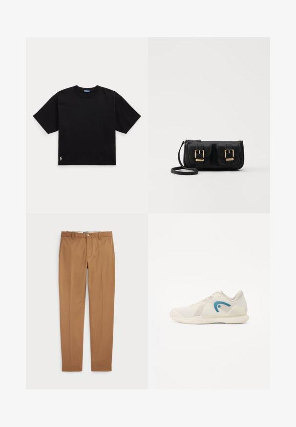 Musta puuvillapaita lyhyillä hihoilla, pyöreällä kaula-aukolla ja pienellä valkoisella logolla vasemmassa alareunassa. Klassinen, laatikkomainen malli, jossa on minimaalista yksityiskohtaisuutta.; Ruske puuvillapüksid kitsas lõikega, siledad ees ja tavalised taskud; sile tekstuur ja äärekasutusega varrukad.; Kevyt urheilujalkine off-white-värissä, jossa on teksturoitu verkko-osa, sininen logo korostuksena ja kumipohja, jossa on pito-kuvioita.; Musta nahkainen olkalaukku, jossa on kaksi etutaskua, kultaiset soljet, vetoketjukiinnitys ja kapea hihna. Teksturoidun pinnan ja kompaktin suorakaiteen muoto.