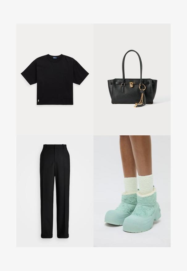 Must musta t-särk lühikeste varrukatega, ümar kaelus ja väike valge logo alumisel vasakul küljel. Klassikaline, kastikujuline lõige minimaalsete detailidega.; Polo Ralph Lauren HIGH RISE RELAXED STRAIGHT TROUSER - Püksid - black; Jalad, millel on paksud valged siledad sokid ja massiivsed helesinised talvekummikud tekstuurse kangaga ja kummist tallaga valgel taustal.; Must musta kott, millel on kahekordsed käepidemed, kuldne lukustus ja kett, ning must-valge tutikate aksessuaar valge tausta ees.