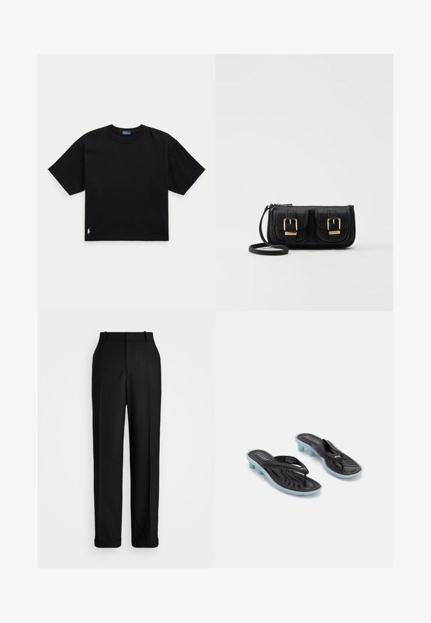 Black cotton t-shirt with short sleeves, round neck, and a small white logo on the bottom left. Classic, boxy fit with minimal detailing.; Polo Ralph Lauren HIGH RISE RELAXED STRAIGHT TROUSER - Trousers - black; Black and blue Puma slide sandals with low block heels and thong straps on a white background.; Black leather crossbody bag with two front pockets, gold buckles, zipper closure, and a slim strap. Textured surface and compact rectangular shape.