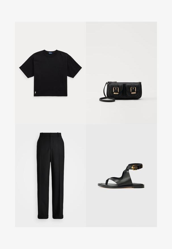 Sort bomulds T-shirt med korte ærmer, rund hals og et lille hvidt logo i nederste venstre hjørne. Klassisk, boxy pasform med minimal detaljering.; Polo Ralph Lauren HIGH RISE RELAXED STRAIGHT TROUSER - Bukser - black; Sorte læder sandaler med et elegant design, åben tå og justerbar ankelrem med detaljer i guldfarvet hardware. Flad sål.; Sort læder crossbody taske med to frontlommer, guldspænder, lynlåslukning og en slank rem. Struktureret overflade og kompakt rektangulær form.