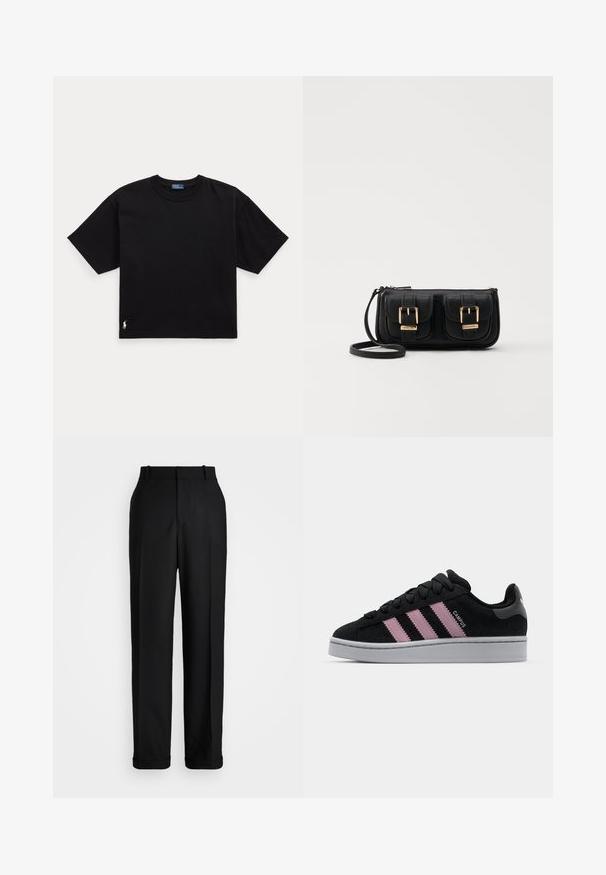 Must musta t-särk lühikeste varrukatega, ümar kaelus ja väike valge logo alumisel vasakul küljel. Klassikaline, kastikujuline lõige minimaalsete detailidega.; Polo Ralph Lauren HIGH RISE RELAXED STRAIGHT TROUSER - Püksid - black; Must musta sneaker, mille roosa kolme triibu kujundus, hall kummi välistald ja tekstureeritud keel. Sisaldab brändingut külgedel ja kanna peal.; Must küllastamata nahast õlakott, millel on kaks esist nähtavat taskut, kuldsed pandlad, tõmblukuga sulgemine ja peen rihm. Tekstuuriga pind ja kompaktne ristkülikukujuline kuju.