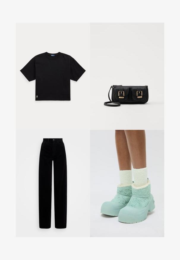 Zwarte katoenen T-shirt met korte mouwen, ronde hals en een klein wit logo op de linker benedenkant. Klassieke, rechte pasvorm met minimale details.; Zwarte ribfluweel broek met een hoge taille, wijde pijpen en een enkele knoopsluiting aan de voorkant. Soepele textuur met verticale ribbels.; Benen in dikke witte donzige sokken en stevige lichtblauwe winterlaarzen met textiel en rubberen zolen op een witte achtergrond.; Zwarte leren schoudertas met twee vo pockets, gouden gespen, ritsluiting en een smalle band. Tekstuur oppervlak en compacte rechthoekige vorm.