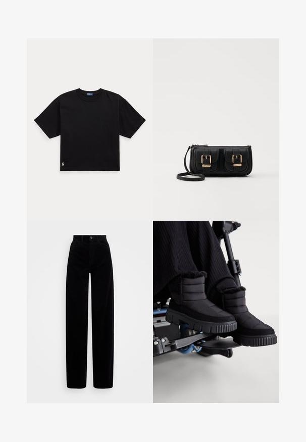 Crna pamučna majica s kratkim rukavima, okruglim izrezom i malim bijelim logom na donjem lijevom dijelu. Klasičan, širok kroj s minimalnim detaljima.; Crne korduske hlače s visokim strukom, širokim nogavicama i jednim preklopom sprijeda. Glatka tekstura s vertikalnim rebrastim uzorkom.; Crne vodootporne gležnjače s tkanjem u kvadrate, mekim krznom na rubu i debelim, robusnim potplatom, postavljene na pozadinu kolica.; Crna kožna torba preko ramena s dva prednja džepa, zlatnim kopčama, zatvaranjem na zip i uskim remenom. Teksturirana površina i kompaktan pravokutan oblik.