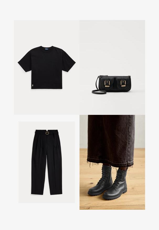 Juodas medvilnės marškinėliai trumpomis rankovėmis, apvaliu kaklu ir mažu baltu logotipu apatiniame kairiajame kampe. Klasikinis, dėžutės formos siluetas su minimaliu apdailos detalių skaičiumi.; Juodos aukštos juosmens kelnės su diržu juosmens srityje, priekiu su klostėmis ir plačiomis kojų apačiomis. Pagamintos iš lygaus audinio su klasikiniu kirpimu.; Juodos odinės batų su raišteliais, su tekstūruota paviršiumi, iki blauzdų aukščio, apvaliu pirštu ir tvirtu padu, derinamos su tamsiu, nusidėvėjusiu džinsiniu sijonu.; Juodas odinis per petį nešiojamas krepšys su dviem priekiniais kišenėmis, auksiniais sagtimis, užtrauktuko uždarymu ir siauromis petnešomis. Textūruota paviršius ir kompaktiškas stačiakampis formatas.