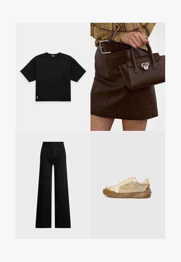 Sort bomulds T-shirt med korte ærmer, rund hals og et lille hvidt logo i nederste venstre hjørne. Klassisk, boxy pasform med minimal detaljering.; Sorte vide bukser lavet af vævet stof, med høj talje, frontlukning med knap og sidelommer. Glat tekstur med rene linjer.; Beige sneakers lavet af suede og gummi. Har et bølget hvidt og guld mønster på tåen og siden. Rund tå og snørebåndsdesign.; Brun læderhåndtaske med en struktureret overflade og sølvhardware, holdt i hånden ved siden af en brun lædernederdel og en mønstret sweater.