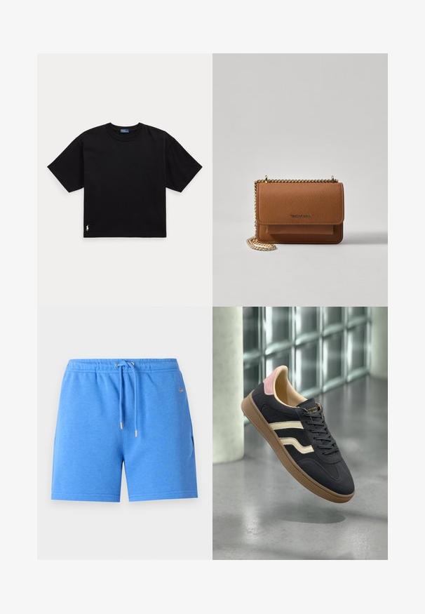 Black cotton t-shirt with short sleeves, round neck, and a small white logo on the bottom left. Classic, boxy fit with minimal detailing.; Blue cotton shorts with an elastic waistband, drawstring, and gold-tone hardware. Feature a smooth texture and side pockets.; Navy leather sneakers with cream stripes, pink accents on the heel, and a textured tan rubber sole. Classic low-top design.; Brown textured leather crossbody bag with gold chain strap and flap closure. Front features logo detail and a pocket under the flap.