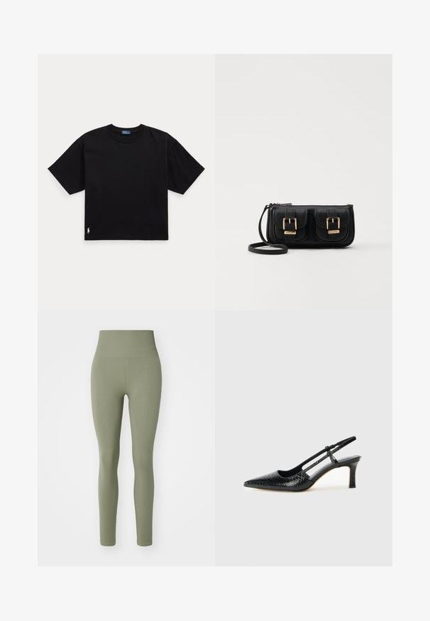 Musta puuvillapaita lyhyillä hihoilla, pyöreällä kaula-aukolla ja pienellä valkoisella logolla vasemmassa alareunassa. Klassinen, laatikkomainen malli, jossa on minimaalista yksityiskohtaisuutta.; Björn Borg STUDIO SEAMLESS - Trikoot - vetiver; Musta patent slingback-kiilakorko teräväkärkisellä muotoilulla, jossa on teksturoitu käärmeennahkakuosi, säädettävä remmi ja lyhyt, teksturoitu blokkiheel.; Musta nahkainen olkalaukku, jossa on kaksi etutaskua, kultaiset soljet, vetoketjukiinnitys ja kapea hihna. Teksturoidun pinnan ja kompaktin suorakaiteen muoto.