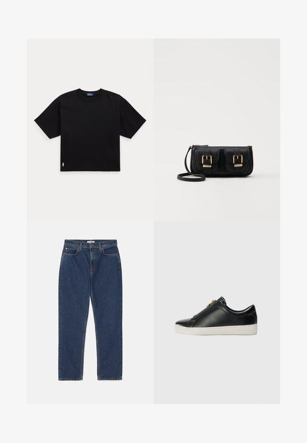 Černé bavlněné tričko s krátkým rukávem, kulatým výstřihem a malým bílým logem v dolním levém rohu. Klasický, boxy střih s minimálním detailem.; RE/DONE LOOSE LONG - Džíny Straight Fit - dark blue denim; Černé kožené nazouvací boty s vyvýšeným švem, detail stříbrného kování na svršku a bílá gumová podrážka s raženým logem.; Černá kožená crossbody taška se dvěma předními kapsami, zlatými přezkami, zipovým uzávěrem a štíhlým popruhem. Texturovaný povrch a kompaktní obdélníkový tvar.