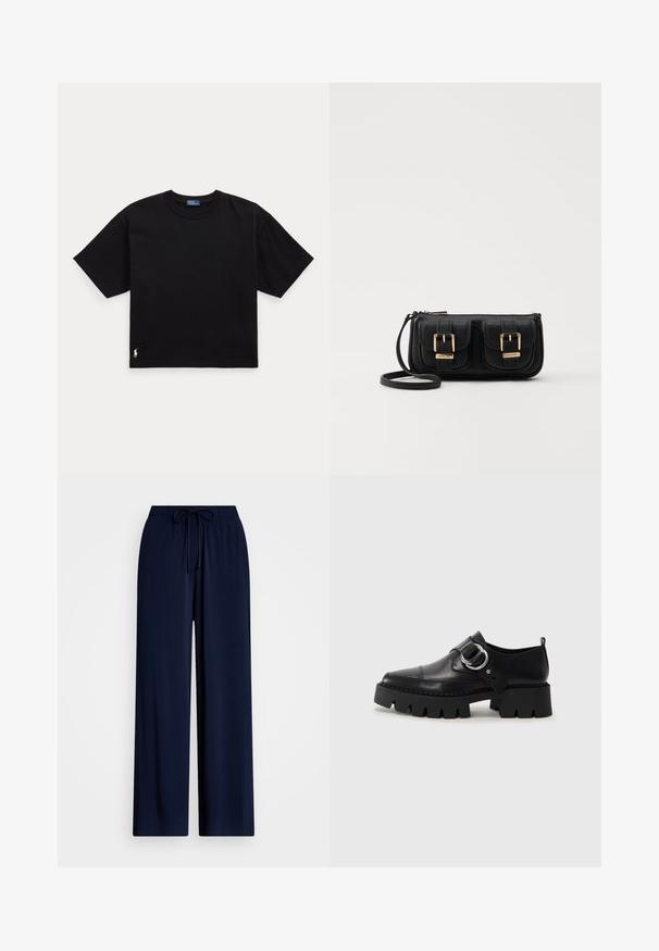 Svart bomull t-skjorte med korte ermer, rund hals, og en liten hvit logo nederst til venstre. Klassisk, boksete passform med minimale detaljer.; Mørkeblå vid bukser med elastisk talje og snor. Laget av glatt, lett stoff. Ingen synlige mønstre eller maskinvare.; Sorte læringssko med en kraftig ribbet såle, som har en sirkulær sølvfarget detalj og minimal sømdekorasjon.; Svart skinn crossbody veske med to frontlommer, gyldne spenner, glidelåslukking og en slank stropp. Teksturert overflate og kompakt rektangulær form.
