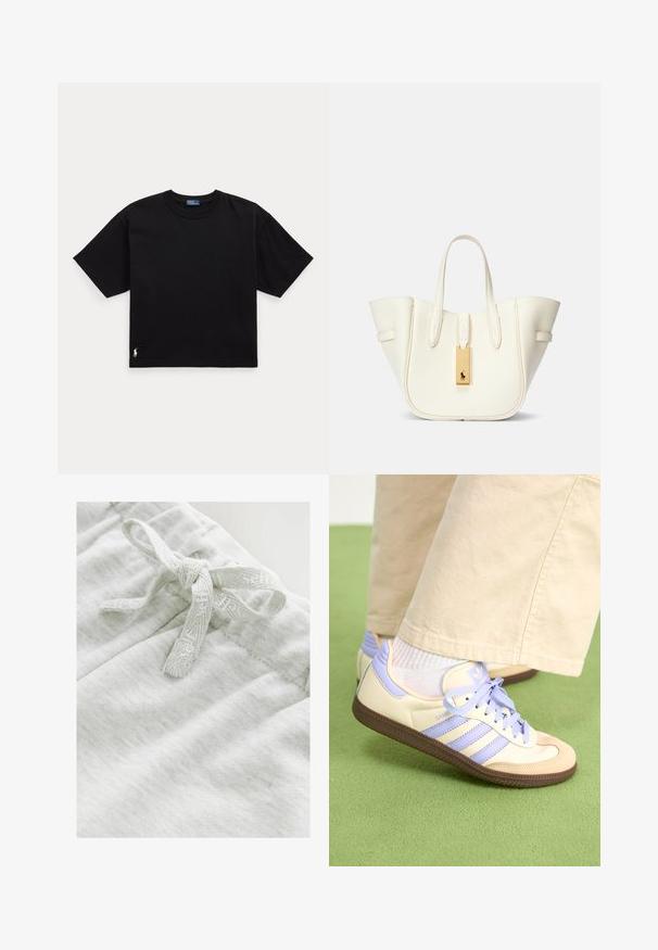 Black cotton t-shirt with short sleeves, round neck, and a small white logo on the bottom left. Classic, boxy fit with minimal detailing.; Light gray fabric with a soft texture featuring a bow tie detail made of a matching textured ribbon at the waistband.; Cream and lavender sneakers with three stripes and a textured brown sole, featuring laces and a padded heel. Soft fabric upper.; White leather tote bag with a structured shape, prominent stitching, gold hardware tag, and dual handles. Textured surface with side pockets.