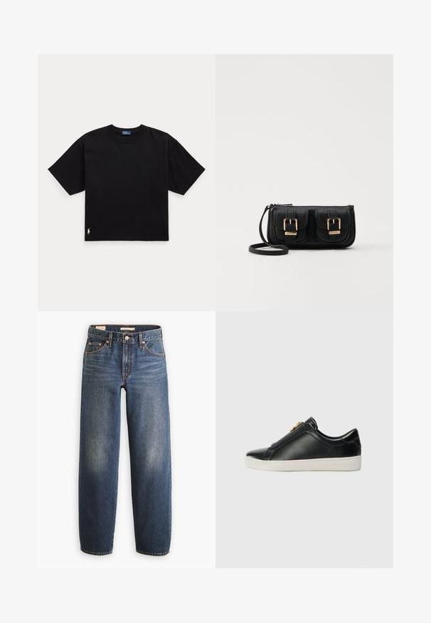 Črna bombažna majica s kratkimi rokavi, okroglo ovratnikom in majhnim belim logotipom na spodnjem levem delu. Klasična, kvadratna oblika z minimalnimi detajli.; Temno modre kavbojke iz jeansa s krojem z ravnimi hlačnicami, ki imajo pet žepov, bakeraste zakovice in subtilno bledenje na stegnih.; Črne usnjene čevlje s potiskom, z dvignjenim šivom, srebrnimi dodatki na zgornjem delu in belim gumijastim podplatom z utisnjenim logotipom.; Črna usnjena torbica čez ramo z dvema sprednjima žepoma, zlatimi zaponkami, zadrgo in ozkim pasom. Tekstura površine je strukturirana, obliko pa ima kompaktno pravokotno.