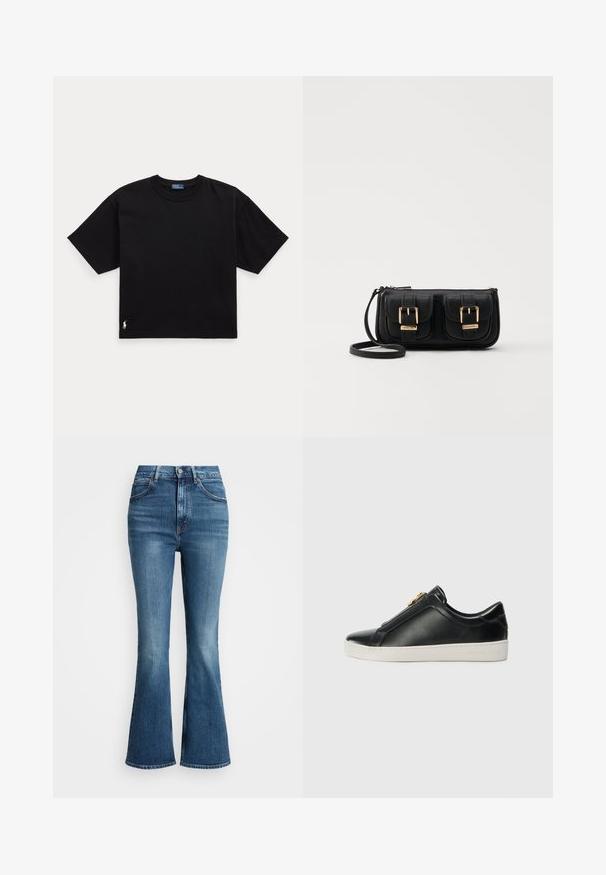 Svart bomull t-skjorte med korte ermer, rund hals, og en liten hvit logo nederst til venstre. Klassisk, boksete passform med minimale detaljer.; Høytlivede flared jeans i middels blå denim, med klassisk fem-lommers design og kontraststing. Kantene er rå.; Sorte lær slip-on sko med en forhøjet søm, sølvhardware detaljer på overdelen og en hvid gummisko med præget branding.; Svart skinn crossbody veske med to frontlommer, gyldne spenner, glidelåslukking og en slank stropp. Teksturert overflate og kompakt rektangulær form.