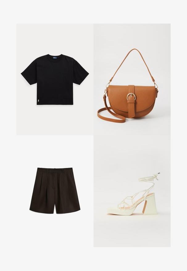 Sort bomulds T-shirt med korte ærmer, rund hals og et lille hvidt logo i nederste venstre hjørne. Klassisk, boxy pasform med minimal detaljering.; Massimo Dutti PLEATED BERMUDA - Shorts - dark brown; Hvide højhælede sandaler med en kraftig hæl, der har et stropdesign og ankelbinding. Glat tekstur med en platform foran for ekstra højde.; Brun læder crossbody taske med en buet form, guldfarvet hardware og en spændeaccent. Har en aftagelig skulderrem.